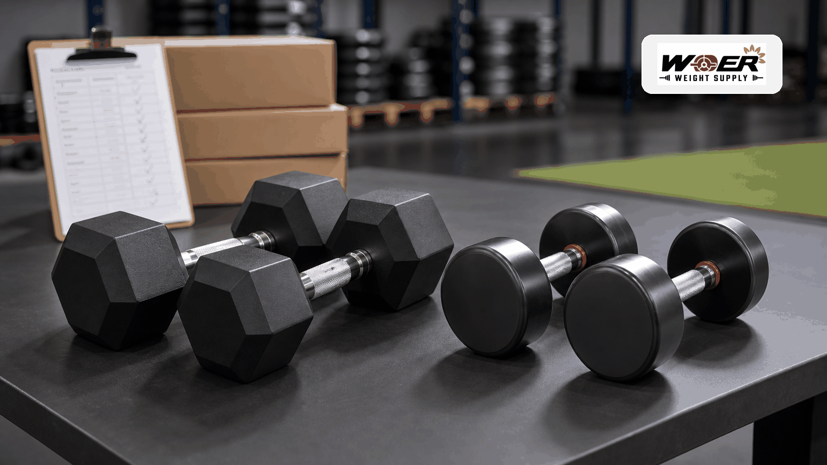 Rubber hex dumbbells and urethane dumbbells compared for commercial gym sourcing with one WDER logo