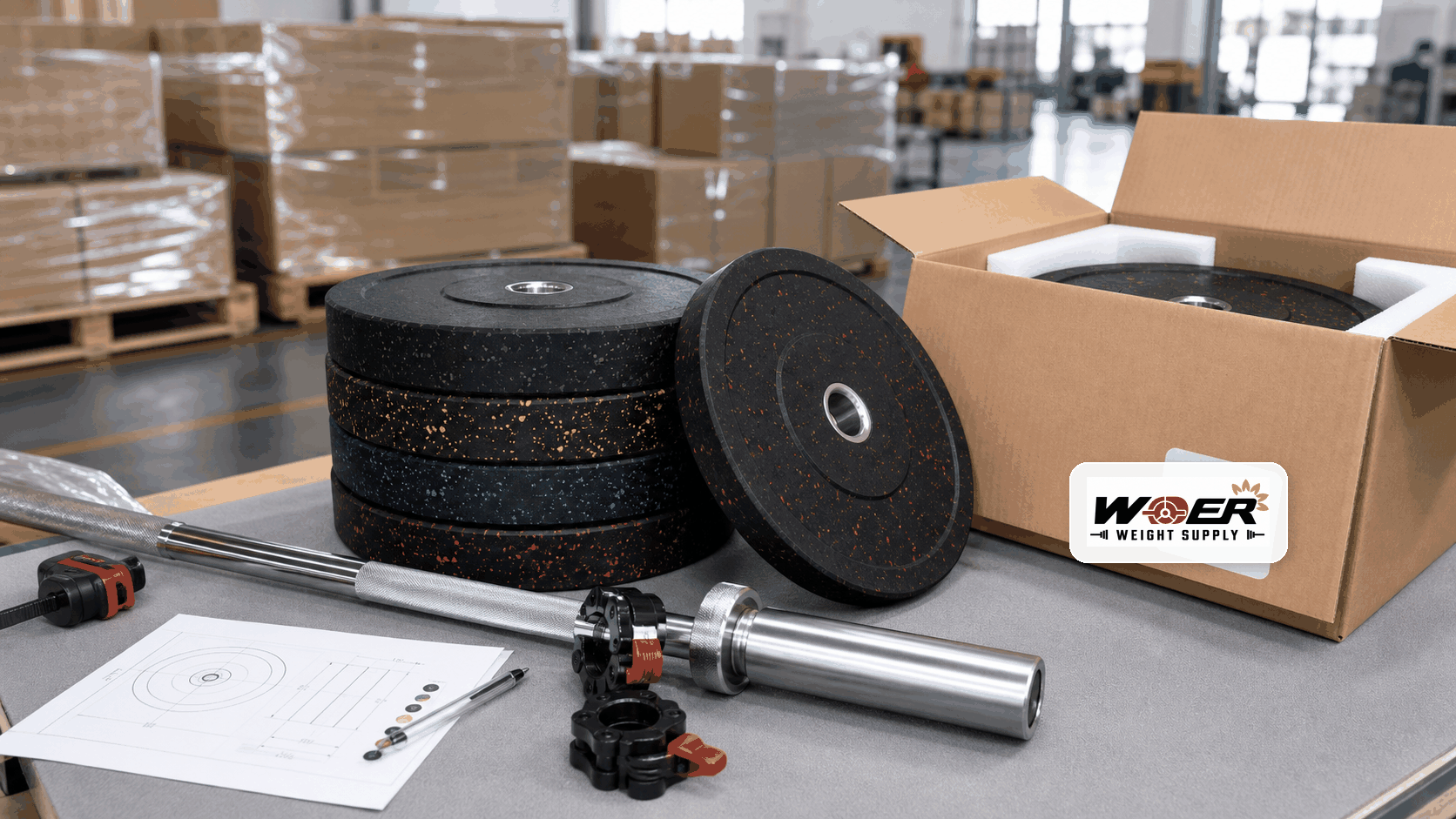 Custom logo gym weights OEM packaging scene with one WDER logo on carton label