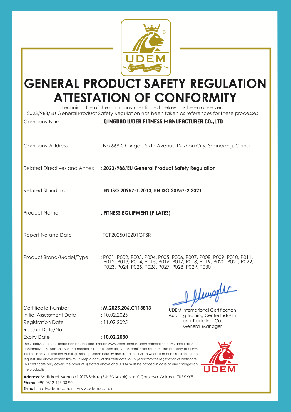 Pilates Fitness Equipment GPSR Attestation certificate preview
